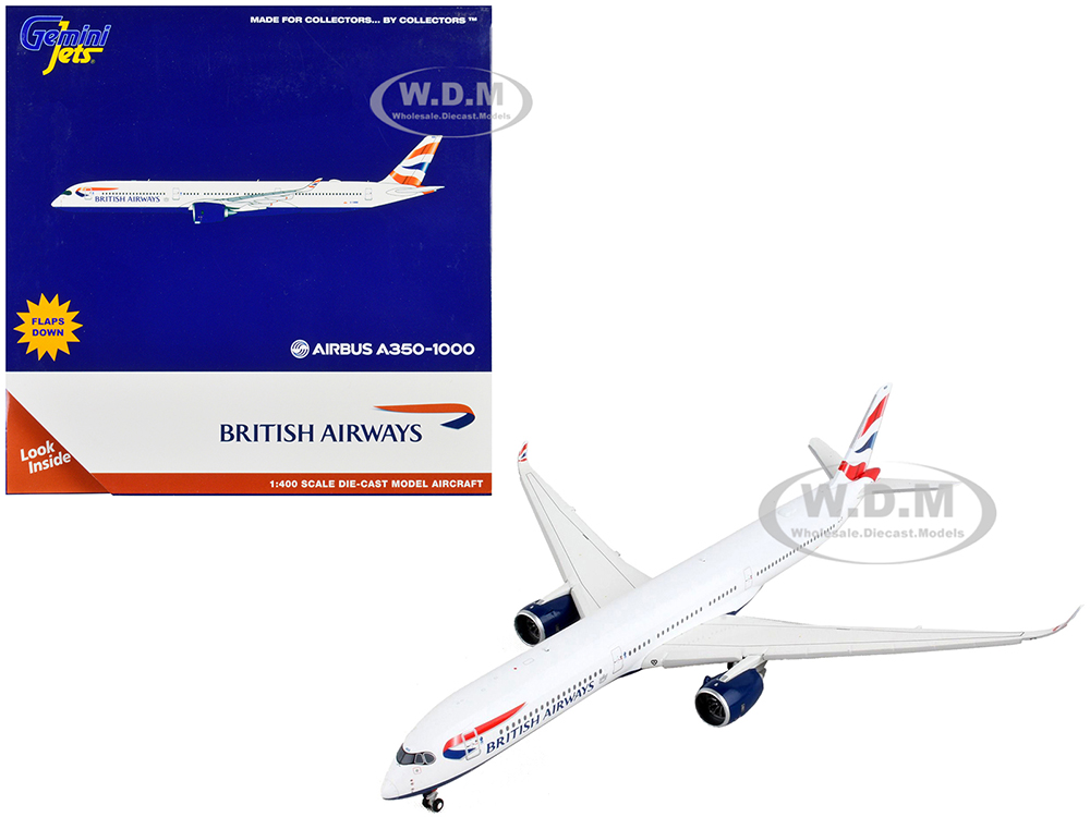 Airbus A350-1000 Commercial Aircraft with Flaps Down British Airways White with Tail Stripes 1/400 Diecast Model Airplane by GeminiJets