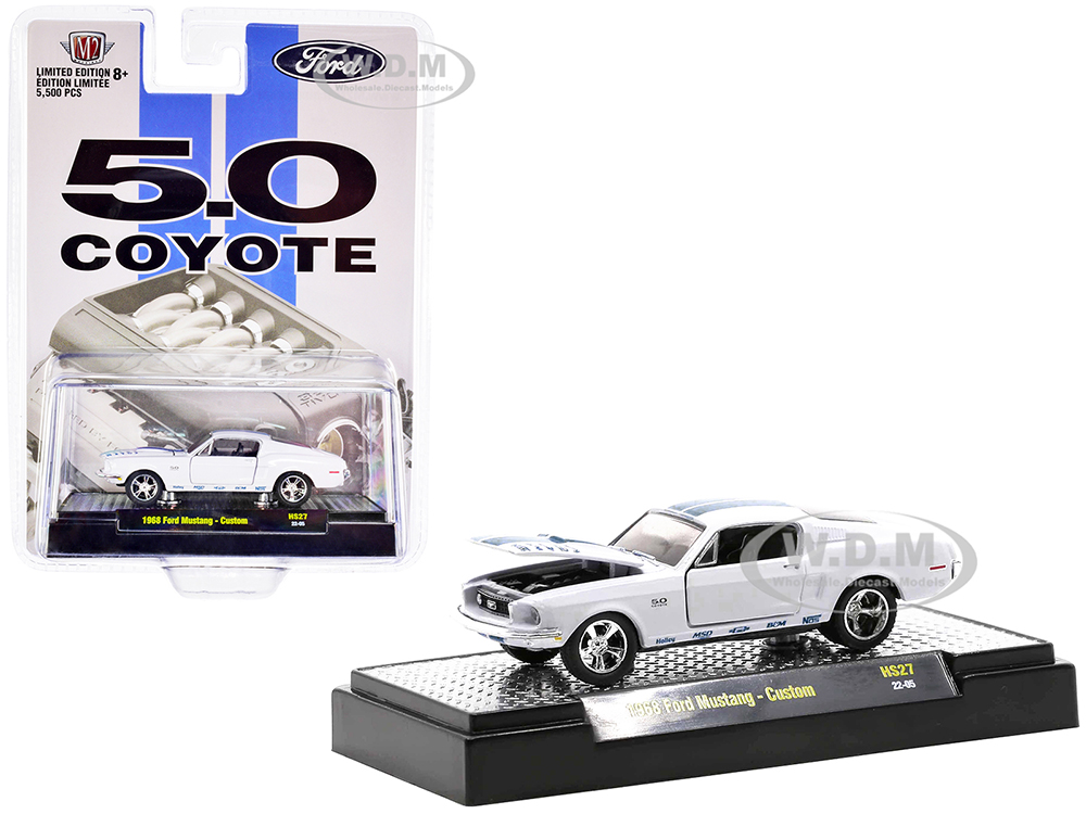 1968 Ford Mustang Custom Platinum Pearl White with Blue Stripes "5.0 Coyote" Limited Edition to 5500 pieces Worldwide 1/64 Diecast Model Car by M2 Ma