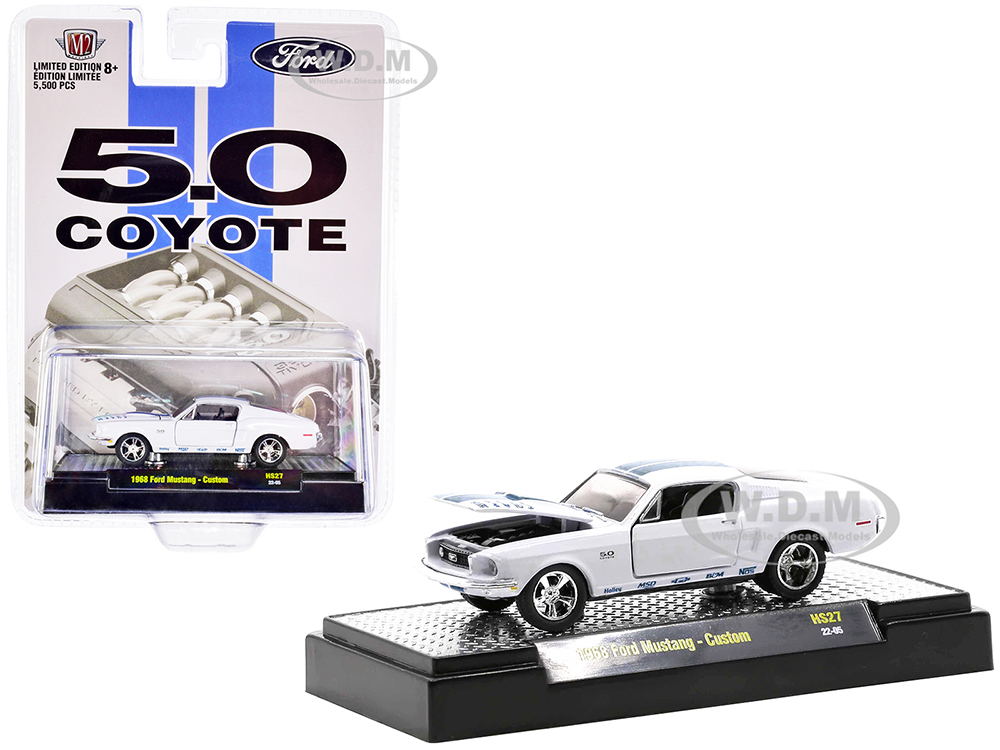 1968 Ford Mustang Custom Platinum Pearl White with Blue Stripes 