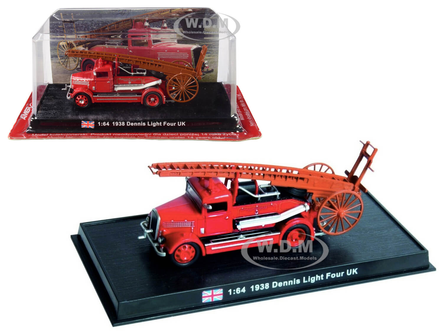 Image of 1938 Dennis Light Four Fire Engine "Oakham &amp; Uppingham Districts Joint Fire Brigade" (Rutland United Kingdom) 1/64 Diecast Model by Amercom