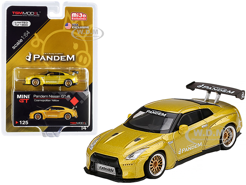 Image of Nissan GT-R (R35) Pandem with GT Wing Cosmopolitan Yellow Metallic with Gold Wheels Limited Edition to 1800 pieces Worldwide 1/64 Diecast Model Car b