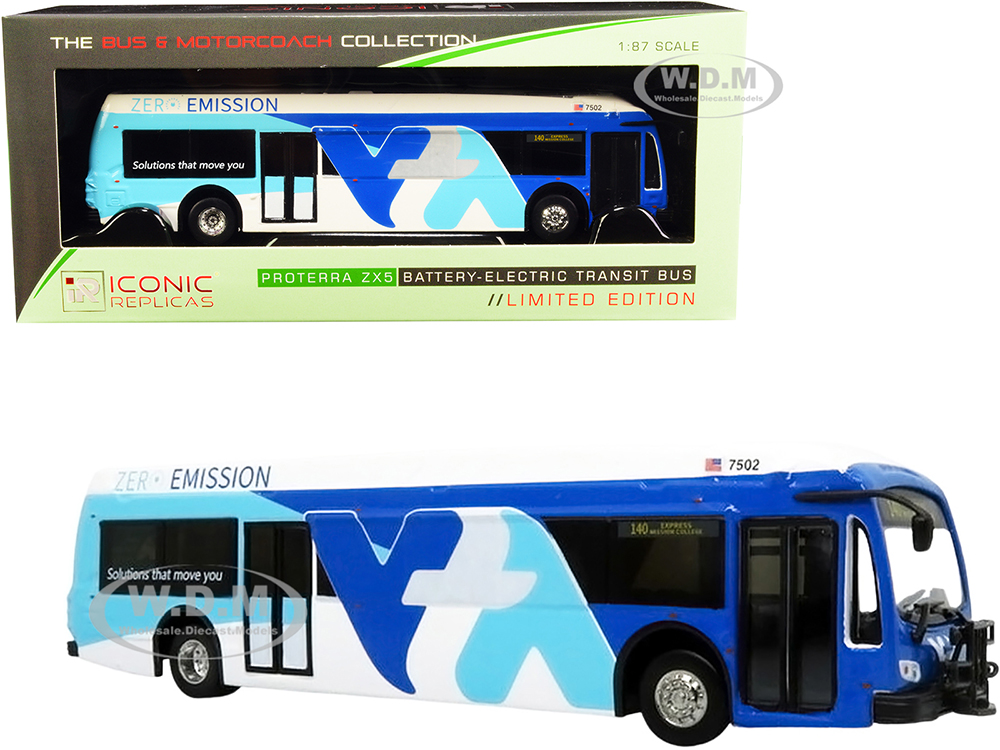 Proterra ZX5 Battery-Electric Transit Bus #140 Express Mission College Santa Clara Valley (California) White and Blue The Bus & Motorcoach Collection 1/87 (HO) Diecast Model by Iconic Replicas
