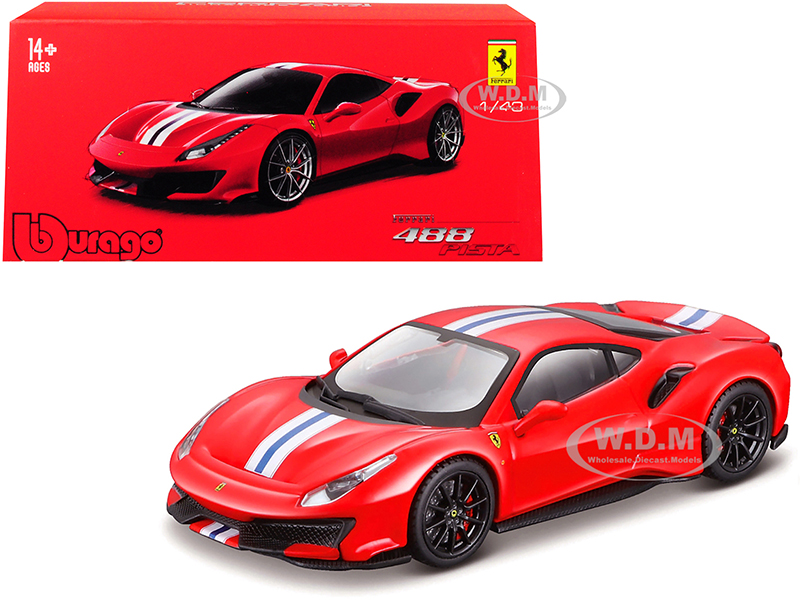 Image of Ferrari 488 Pista Red with White and Blue Stripes and Black Wheels "Ferrari Signature Series" 1/43 Diecast Model Car by Bburago