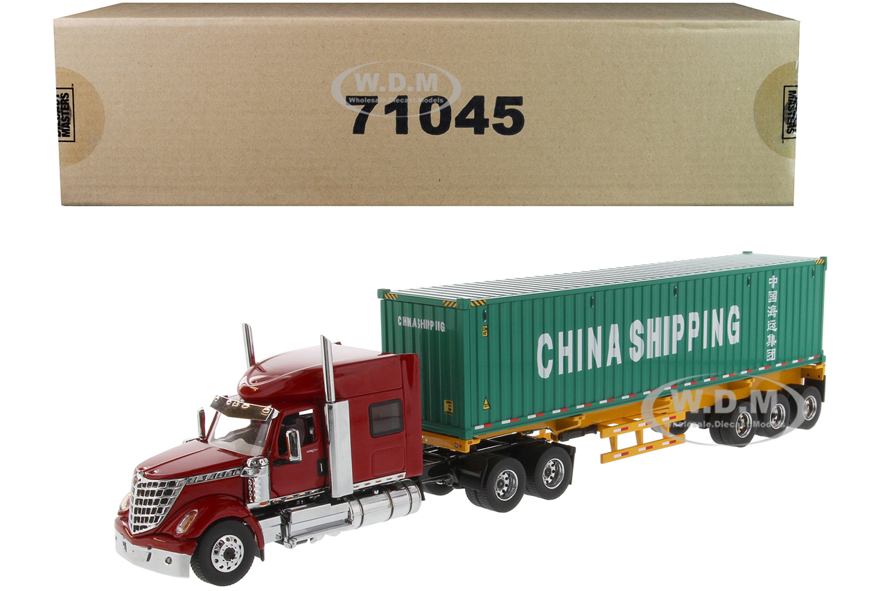International LoneStar Sleeper Cab Red with Skeleton Trailer and 40 Dry Goods Sea Container "China Shipping" Green "Transport Series" 1/50 Diecast Mo