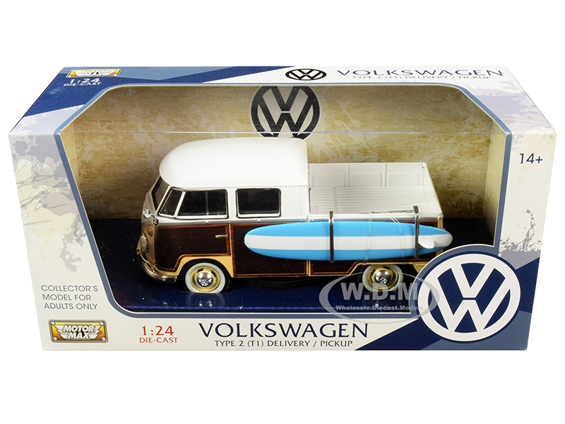 Volkswagen Type 2 (T1) Pickup White and Yellow with Wood Paneling with Surfboard 1/24 Diecast Model Car by Motormax