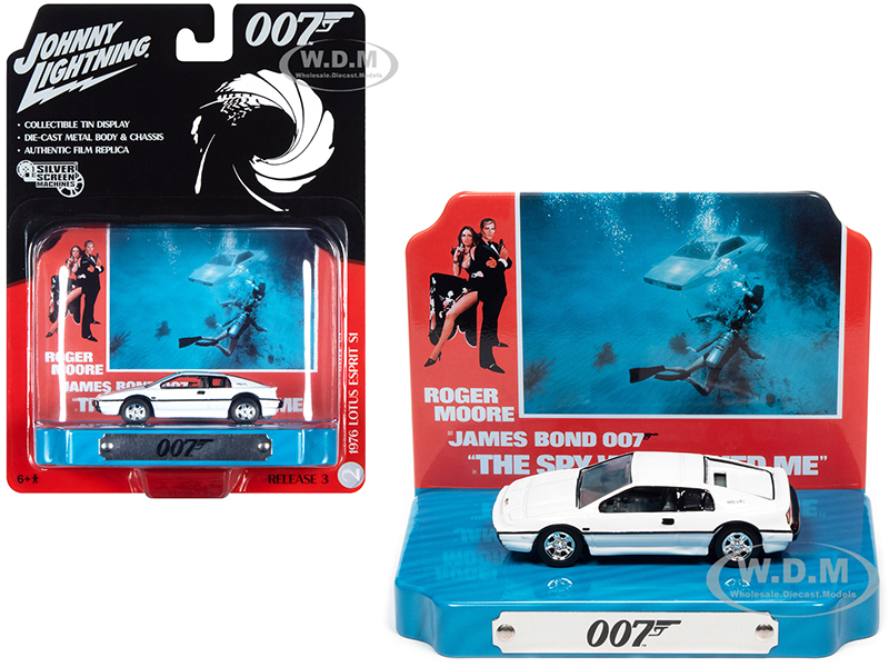 1976 Lotus Esprit S1 White with Collectible Tin Display 007 (James Bond) The Spy Who Loved Me (1977) Movie (10th in the James Bond Series) 1/64 Diecast Model Car by Johnny Lightning