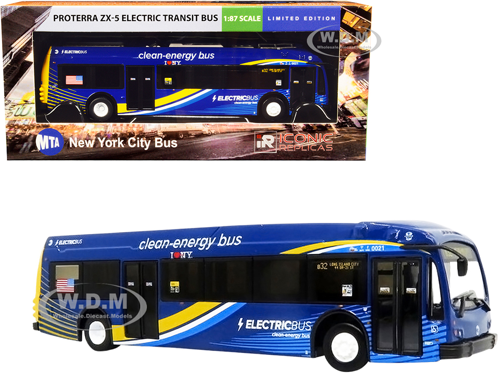 Proterra ZX5 Electric Transit Bus #B32 Long Island City MTA New York City Dark Blue with Stripes 1/87 (HO) Diecast Model by Iconic Replicas