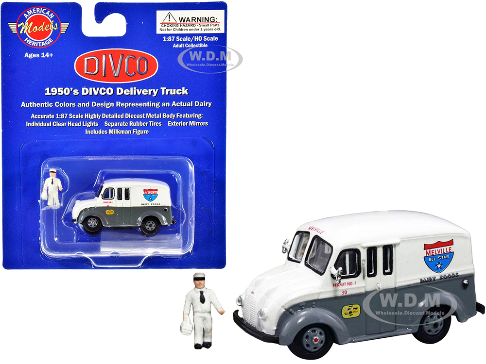 Image of 1950s Divco Delivery Truck Gray and White "Melville Dairy Foods" with Milkman Figurine and Carrier 1/87 (HO) Scale Diecast Model by American Heritage