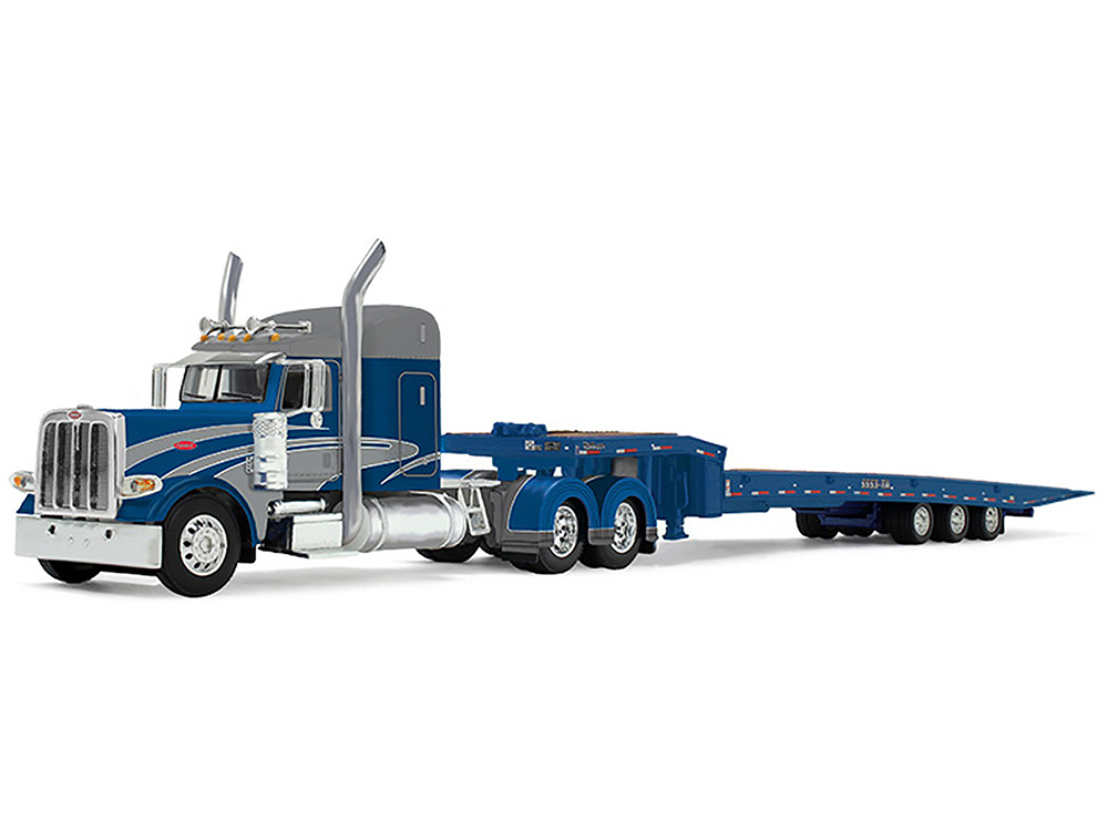 Peterbilt 389 with 48 Mid-Roof Sleeper and Talbert 5553T Traveling Axle Trailer Rich Blue and Silver 1/64 Diecast Model by DCP/First Gear