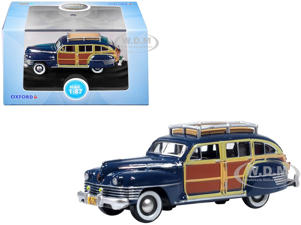 1942 Chrysler Town &amp; Country Woody Wagon South Sea Blue with Wood Panels and Roof Rack 1/87 (HO) Scale Diecast Model Car by Oxford Diecast
