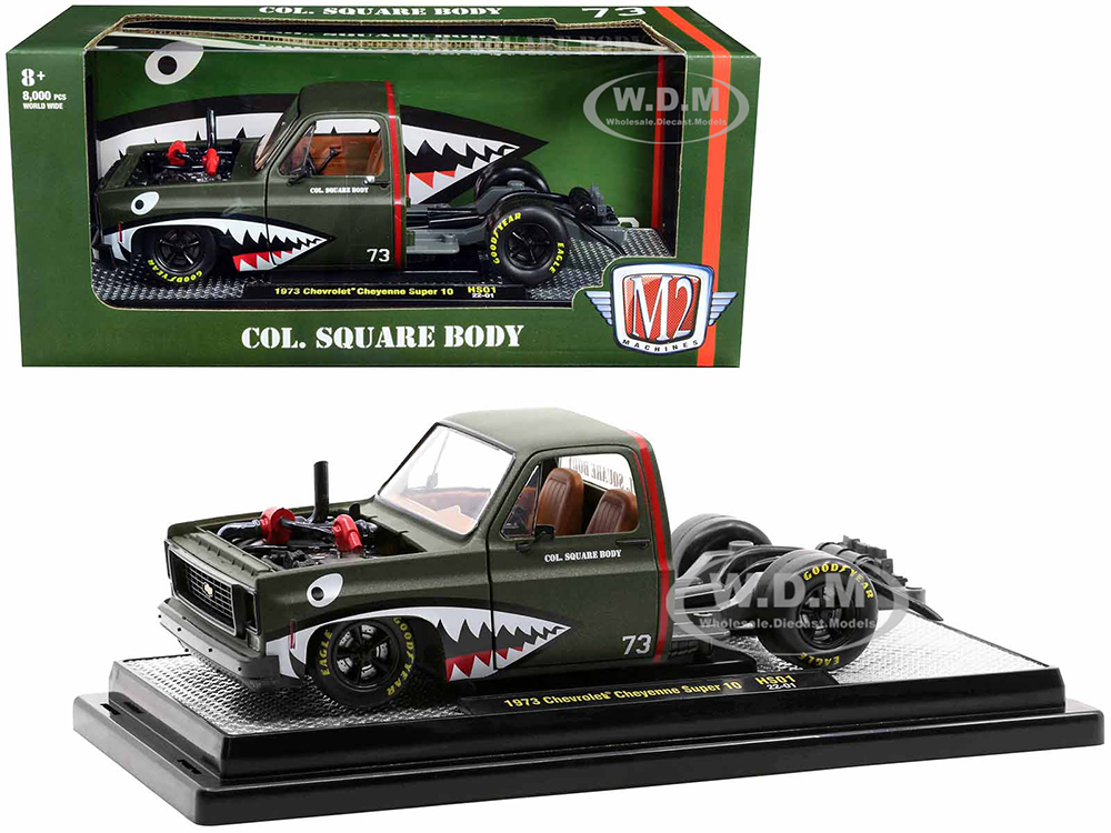 1973 Chevrolet Cheyenne Super 10 Square Body Bedless Truck #73 Matt Dark Green with Graphics Col. Square Body Limited Edition to 8000 pieces Worldwide 1/24 Diecast Model Car by M2 Machines 
