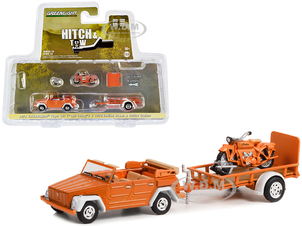 1973 Volkswagen Thing (Type 181) Convertible Orange and 1920 Indian Scout Motorcycle Orange with Utility Trailer 