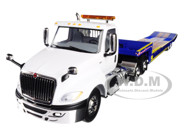 Image of International LT Day Cab with "Ledwell" Hydratail Trailer White and Blue 1/34 Diecast Model by First Gear