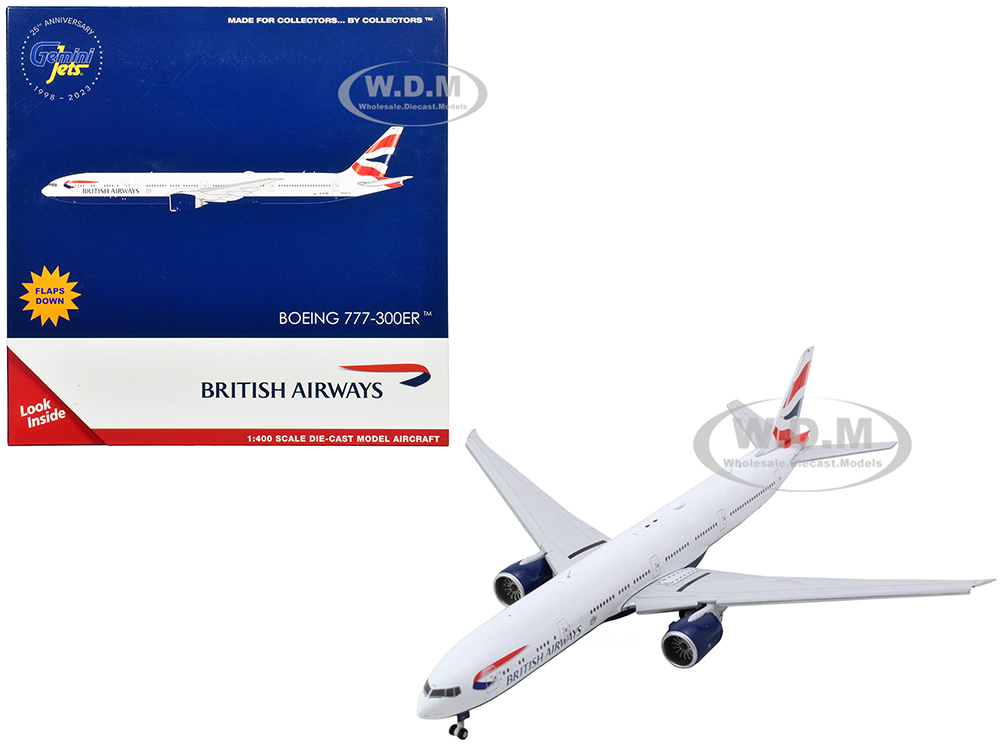 Boeing 777-300ER Commercial Aircraft with Flaps Down British Airways (G-STBH) White with Striped Tail 1/400 Diecast Model Airplane by GeminiJets