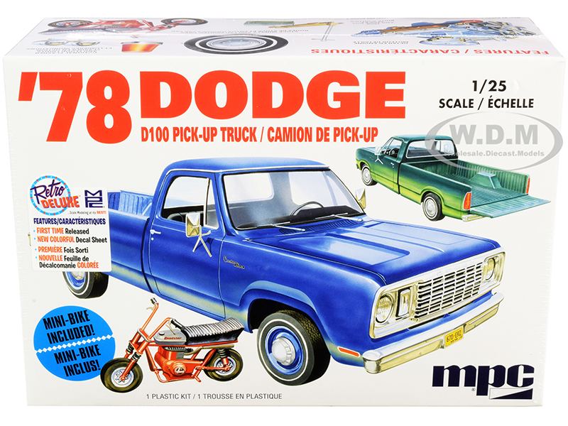 Skill 2 Model Kit 1978 Dodge D100 Pickup Truck with Mini Bike 1/25 Scale Model by MPC