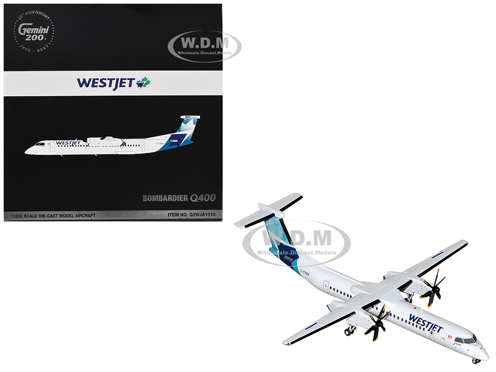 Bombardier Q400 Commercial Aircraft WestJet Airlines (C-FOEN) White with Blue Tail Gemini 200 Series 1/200 Diecast Model Airplane by GeminiJets