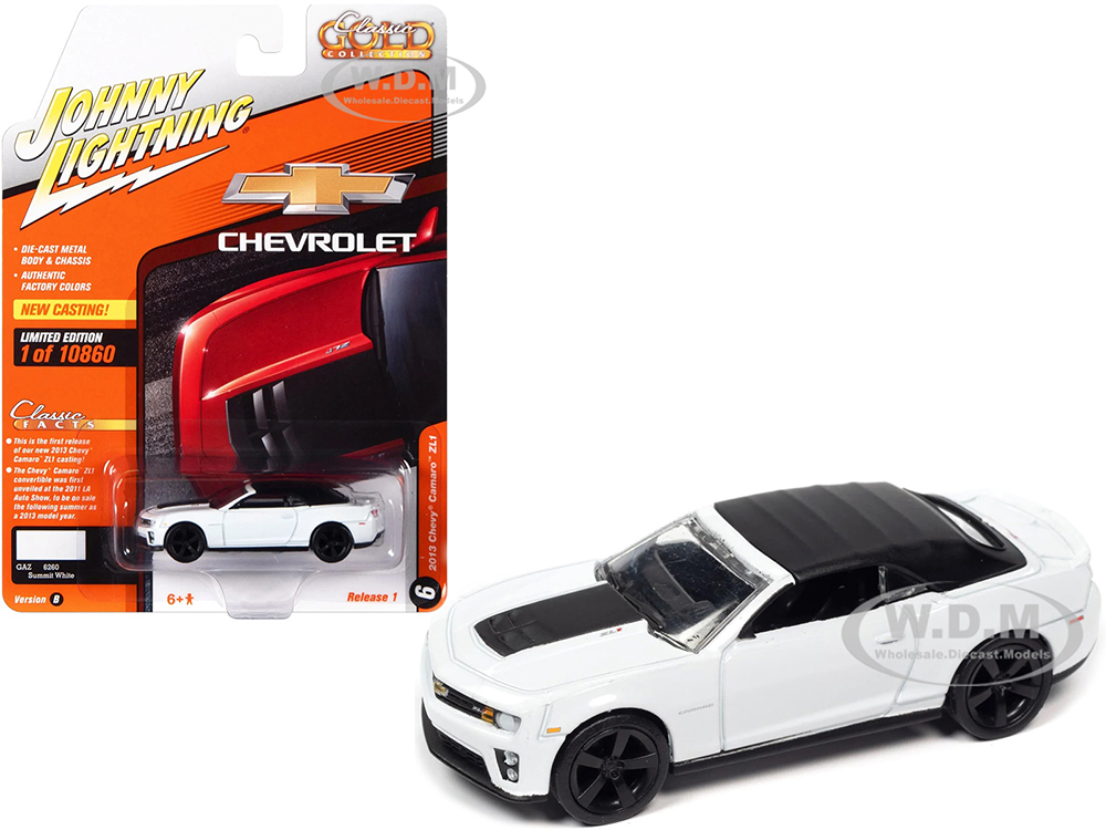 2013 Chevrolet Camaro ZL1 Convertible (Top Up) Summit White with Black Top Classic Gold Collection Series Limited Edition to 10860 pieces Worldwide 1/64 Diecast Model Car by Johnny Lightning