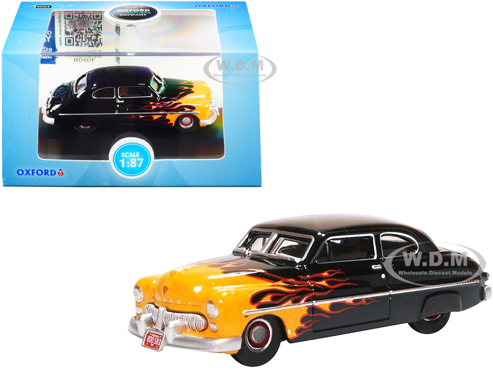 1949 Mercury Coupe Hot Rod Black and Yellow with Flames 1/87 (HO) Scale Diecast Model Car by Oxford Diecast