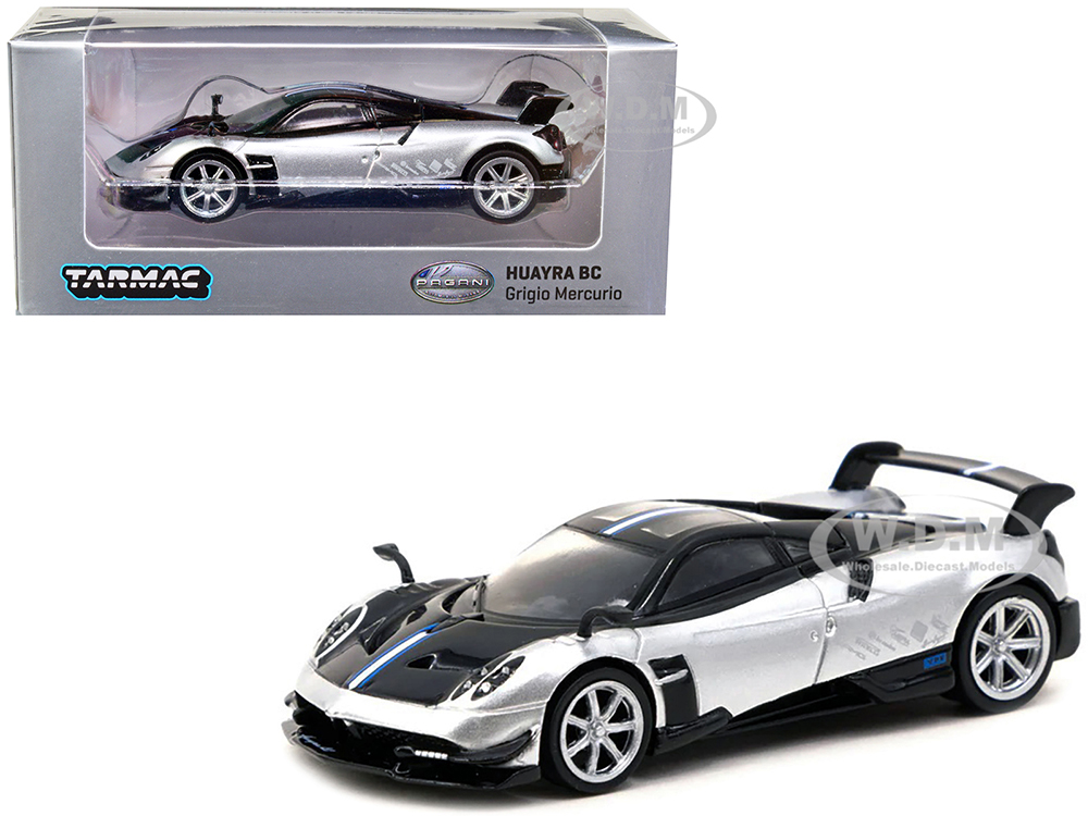 Pagani Huayra BC Grigio Mercurio Silver Metallic and Black with Stripes "Global64" Series 1/64 Diecast Model Car by Tarmac Works