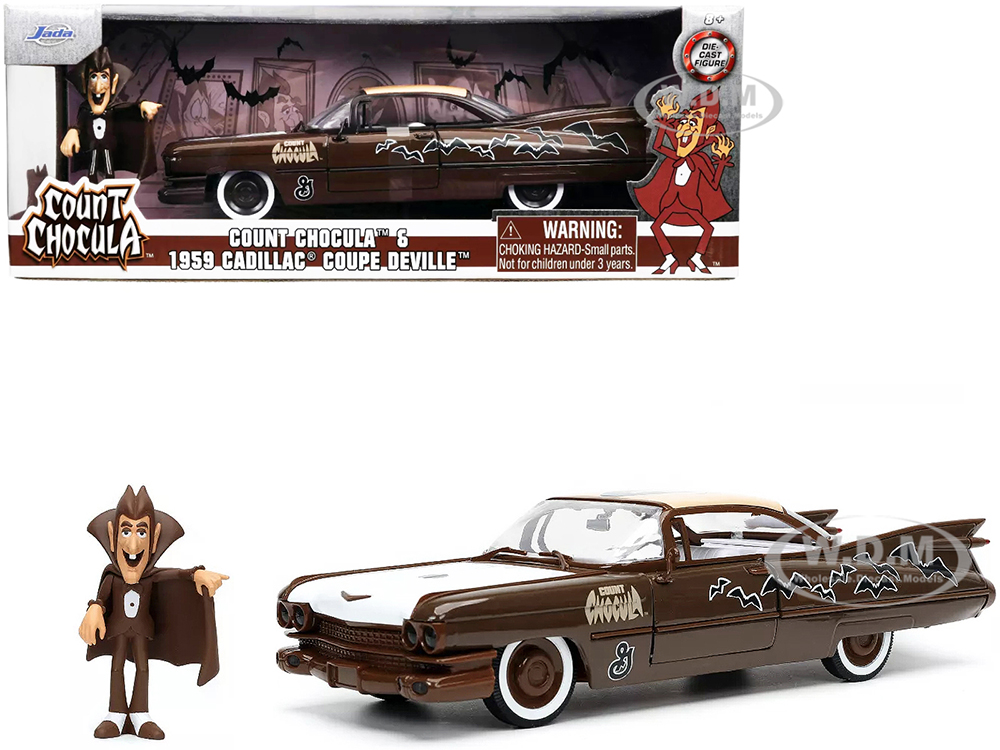 1959 Cadillac Coupe DeVille Brown and White with Graphics and Count Chocula Diecast Figurine "Hollywood Rides" Series 1/24 Diecast Model Car by Jada