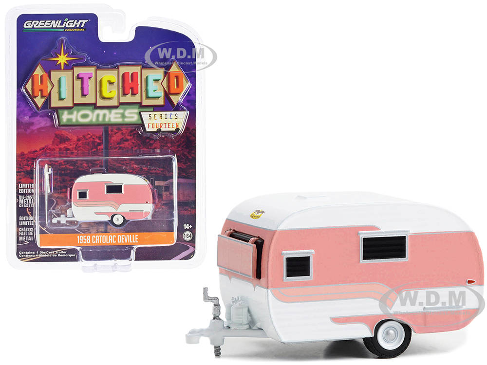 1958 Catolac DeVille Travel Trailer Pink and White Hitched Homes Series 14 1/64 Diecast Model by Greenlight
