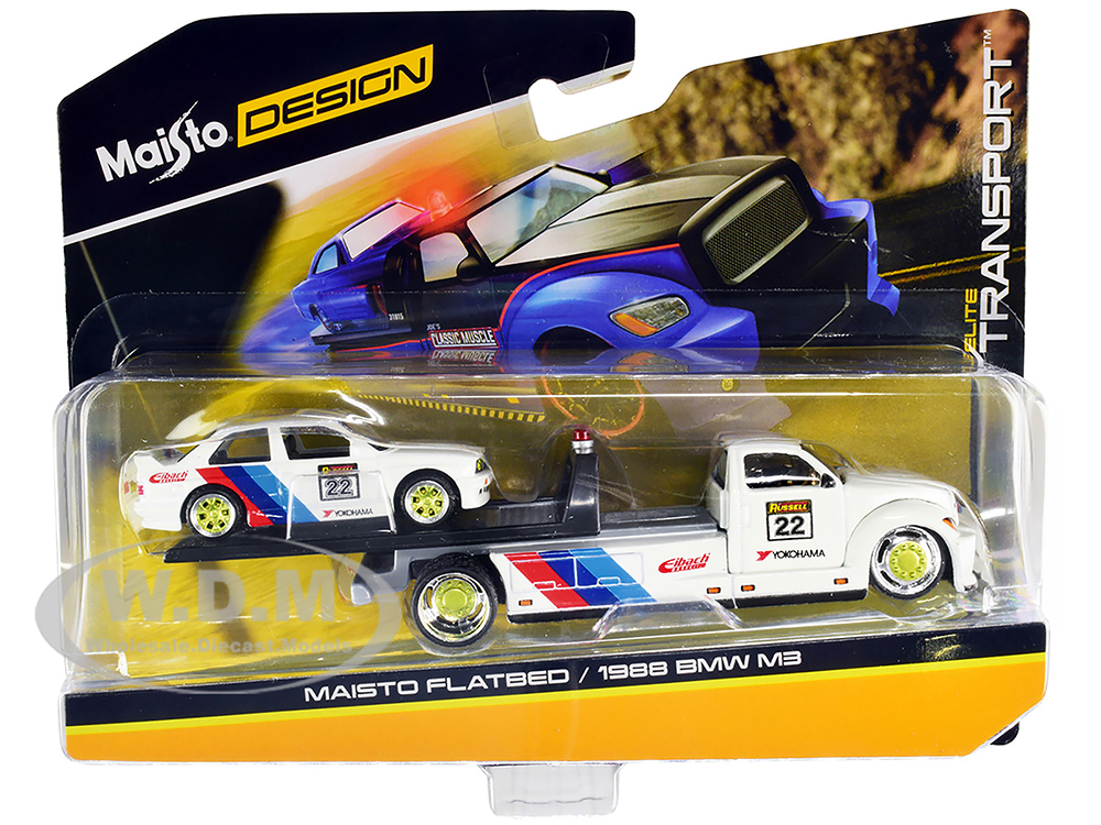 Flatbed Truck #22 White with Stripes and 1988 BMW M3 E30 #22 White with Stripes Elite Transport Series 1/64 Diecast Models by Maisto