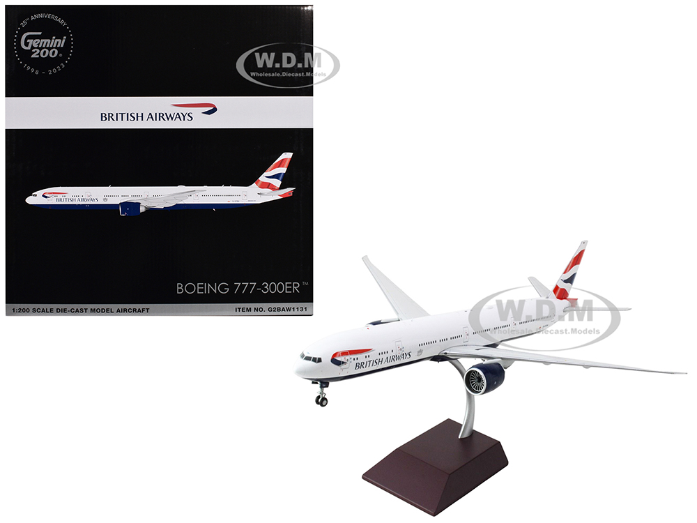Boeing 777-300ER Commercial Aircraft British Airways (G-STBH) White with Striped Tail Gemini 200 Series 1/200 Diecast Model Airplane by GeminiJets