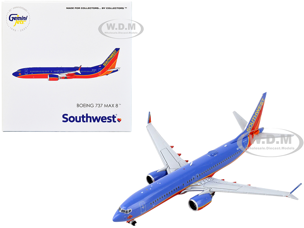 Boeing 737 MAX 8 Commercial Aircraft Southwest Airlines Canyon Blue with Red Stripes 1/400 Diecast Model Airplane by GeminiJets