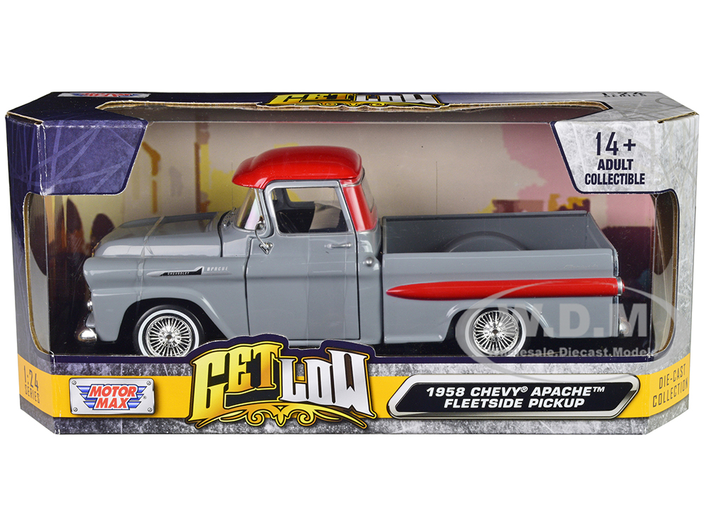 1958 Chevrolet Apache Fleetside Pickup Truck Lowrider Gray with Red Top "Get Low" Series 1/24 Diecast Model Car by Motormax