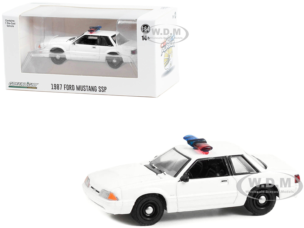1987-1993 Ford Mustang SSP White Police Car with Light Bar Hot Pursuit Hobby Exclusive Series 1/64 Diecast Model Car by Greenlight
