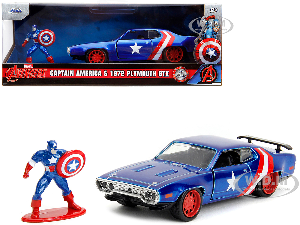 1972 Plymouth GTX Candy Blue with Red and White Stripes and Captain America Diecast Figure The Avengers Hollywood Rides Series 1/32 Diecast Model Car by Jada