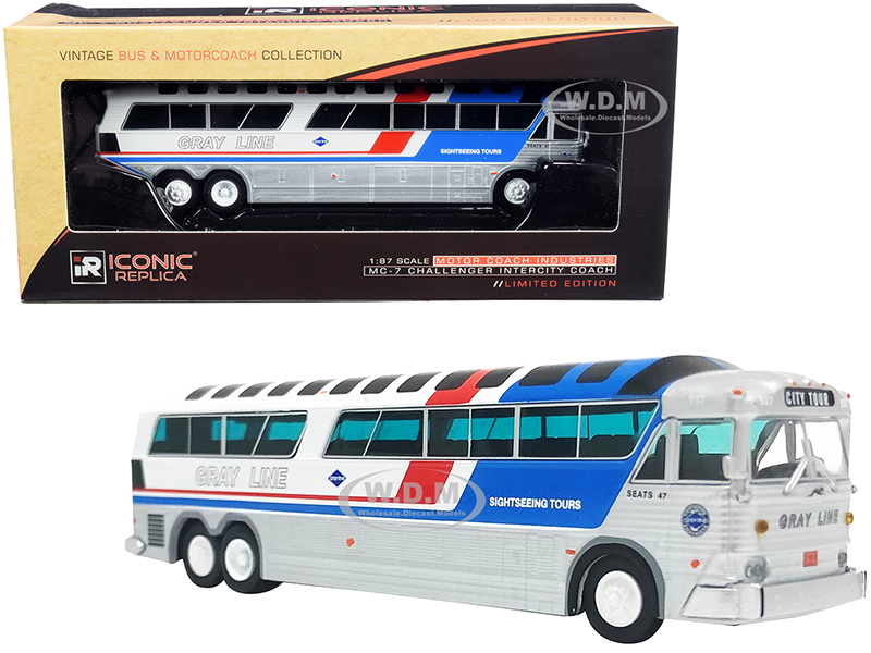 Image of 1970 MCI MC-7 Challenger Intercity Motorcoach Bus "City Tour" Sightseeing Tours "Gray Line" White and Silver with Stripes "Vintage Bus &amp; Motorcoa