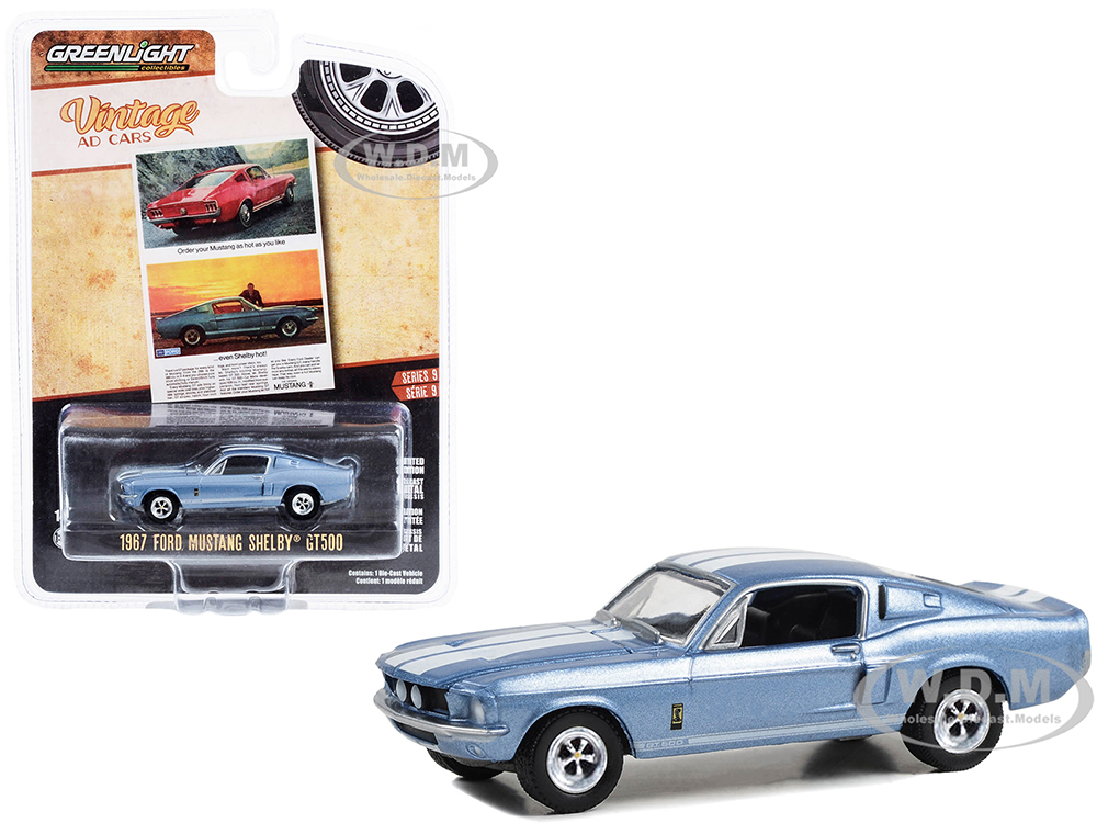 1967 Ford Mustang Shelby GT500 Light Blue Metallic with White Stripes Order Your Mustang As Hot As You Likeâ€¦ Even Shelby Hot! Vintage Ad Cars Series 9 1/64 Diecast Model Car by Greenlight