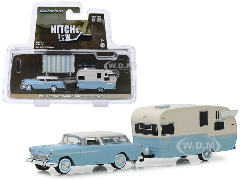 1955 Chevrolet Nomad And Shasta Airflyte With Awning Light Blue And Cream "hitch & Tow" Series 16 1/64 Diecast Models By Greenlight