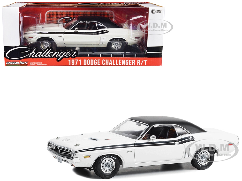 1971 Dodge Challenger R/T Bright White with Black Stripes and Top 1/18 Diecast Model Car by Greenlight