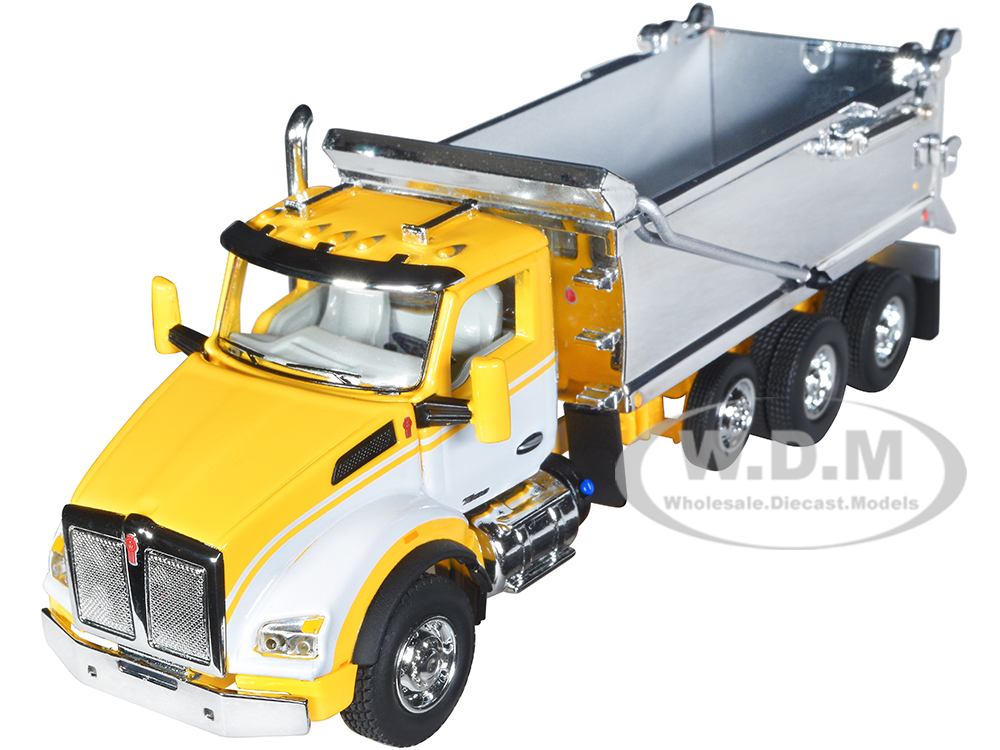 Kenworth T880 Day Cab with Rogue Transfer Dump Body Truck Yellow with White and Chrome 1/64 Diecast Model by DCP/First Gear