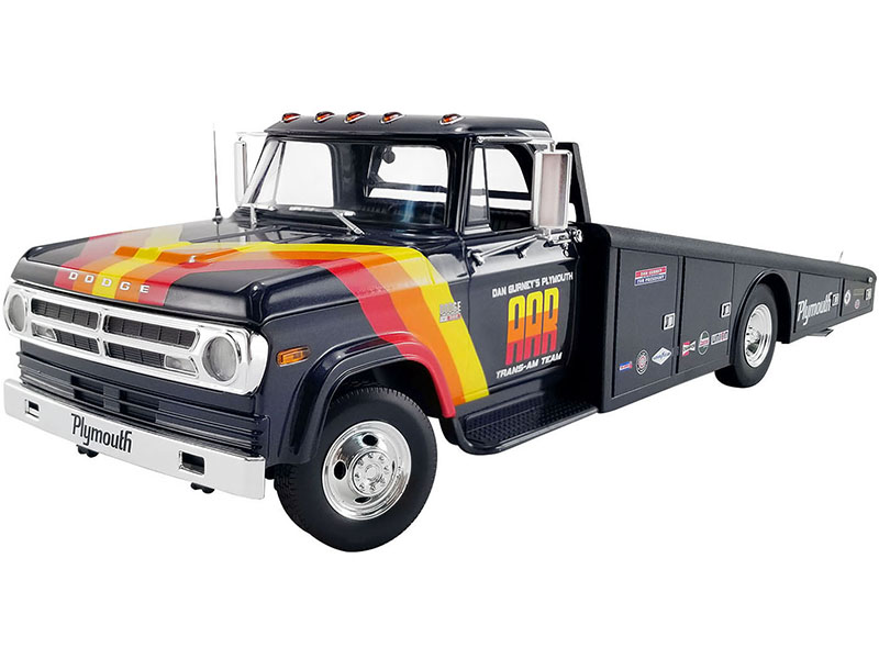 Image of 1970 Dodge D300 Ramp Truck "Dan Gurneys Plymouth AAR Trans Am Team" Dark Blue with Stripes 1/18 Diecast Model Car by ACME