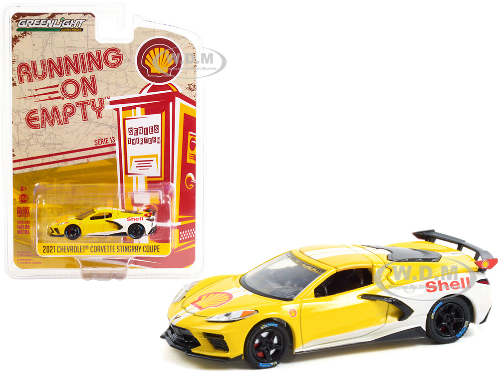 2021 Chevrolet Corvette C8 Stingray Coupe Shell Oil Yellow and White Running on Empty Series 13 1/64 Diecast Model Car by Greenlight