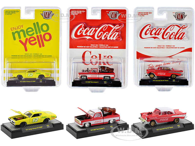 "Coca-Cola &amp; Mello Yello" Set of 3 pieces 1/64 Diecast Model Cars by M2 Machines