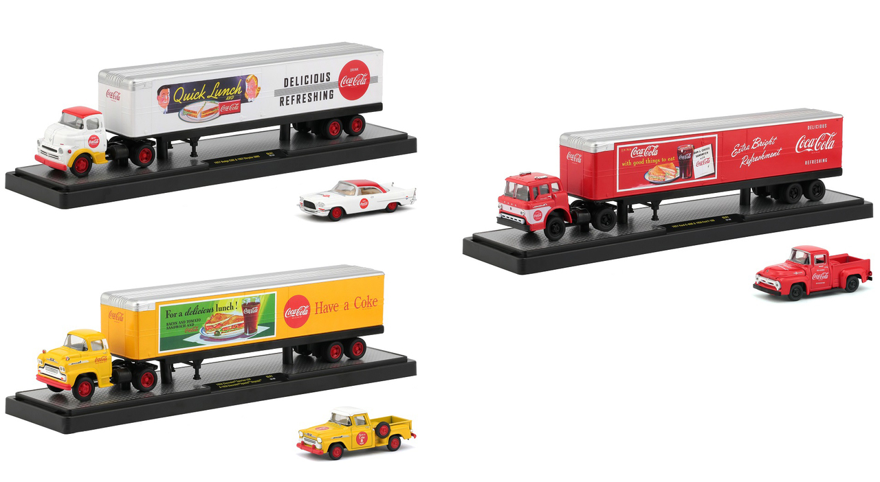 Auto Haulers "coca-cola" Set Of 3 Trucks "quick Lunch" Release 1/64 Diecast Models By M2 Machines