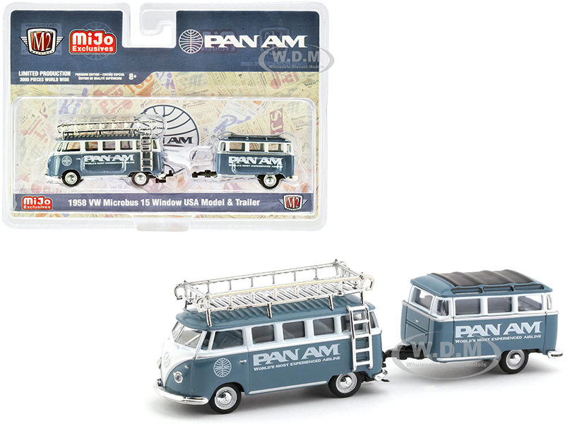 Image of 1958 Volkswagen Microbus 15 Window U.S.A. Model with Travel Trailer "PAN AM" Limited Edition to 3000 pieces Worldwide 1/64 Diecast Model Car by M2 Ma