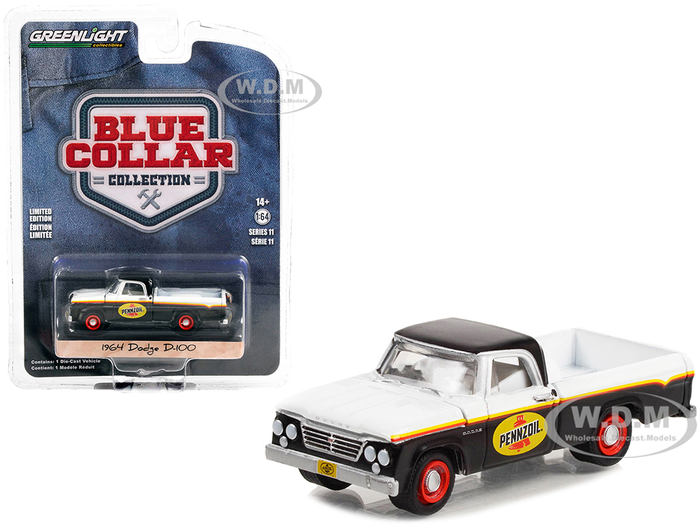 1964 Dodge D-100 Pickup Truck White and Black with Stripes Pennzoil Blue Collar Collection Series 11 1/64 Diecast Model Car by Greenlight