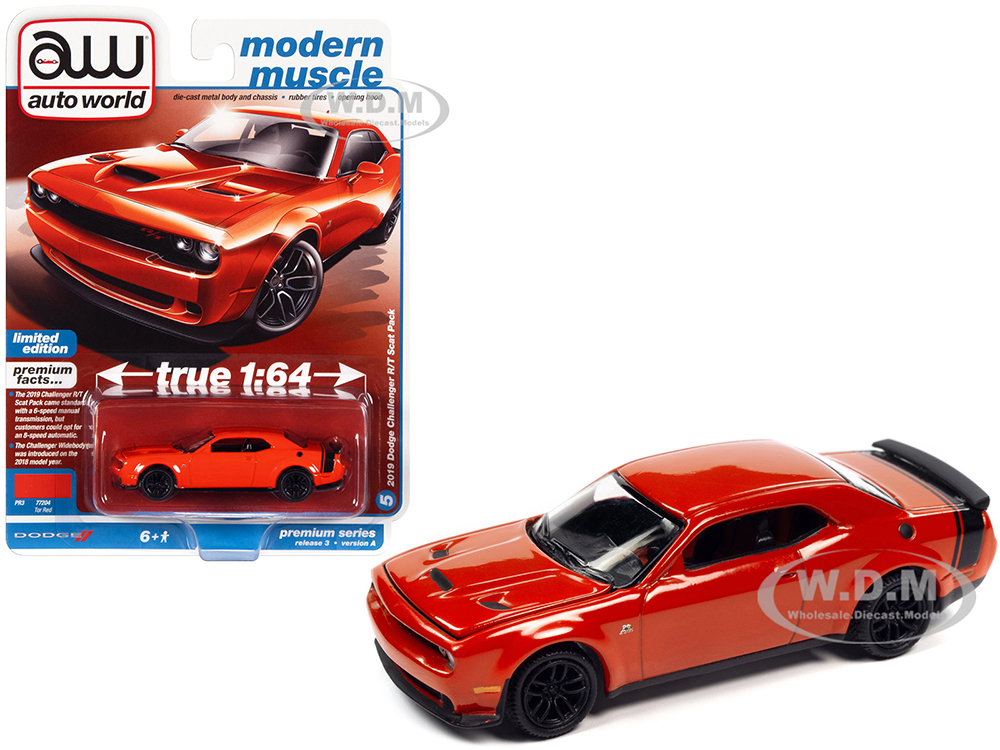 2019 Dodge Challenger R/T Scat Pack Tor Red with Black Tail Stripe Modern Muscle Limited Edition 1/64 Diecast Model Car by Auto World
