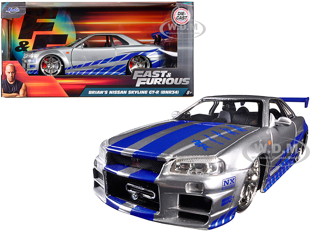 Brians Nissan GTR Skyline R34 RHD (Right Hand Drive) Silver with Blue Stripes Fast & Furious Movie 1/24 Diecast Model Car by Jada
