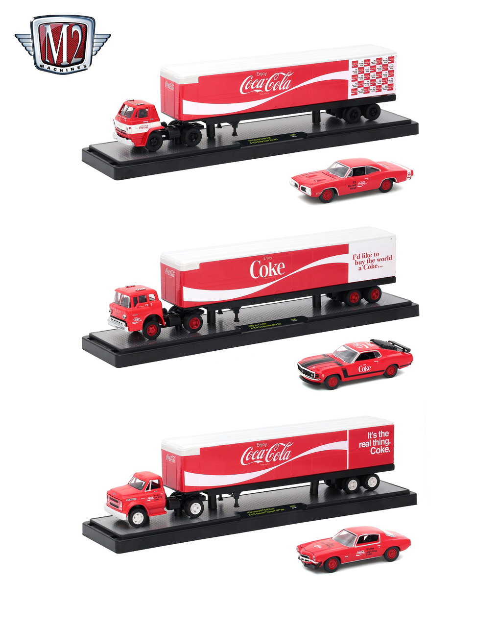 Image of Auto Haulers "Coca-Cola" Release 3 Trucks and Cars Set 1/64 Diecast Models by M2 Machines