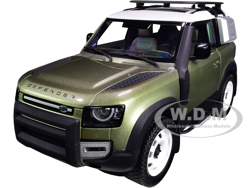 2020 Land Rover Defender 90 with Roof Rack Pangea Green Metallic with White Top 1/18 Diecast Model Car by Almost Real
