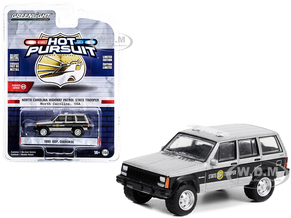 1995 Jeep Cherokee Black and Silver Metallic North Carolina Highway Patrol State Trooper Hot Pursuit Series 43 1/64 Diecast Model Car by Greenlight