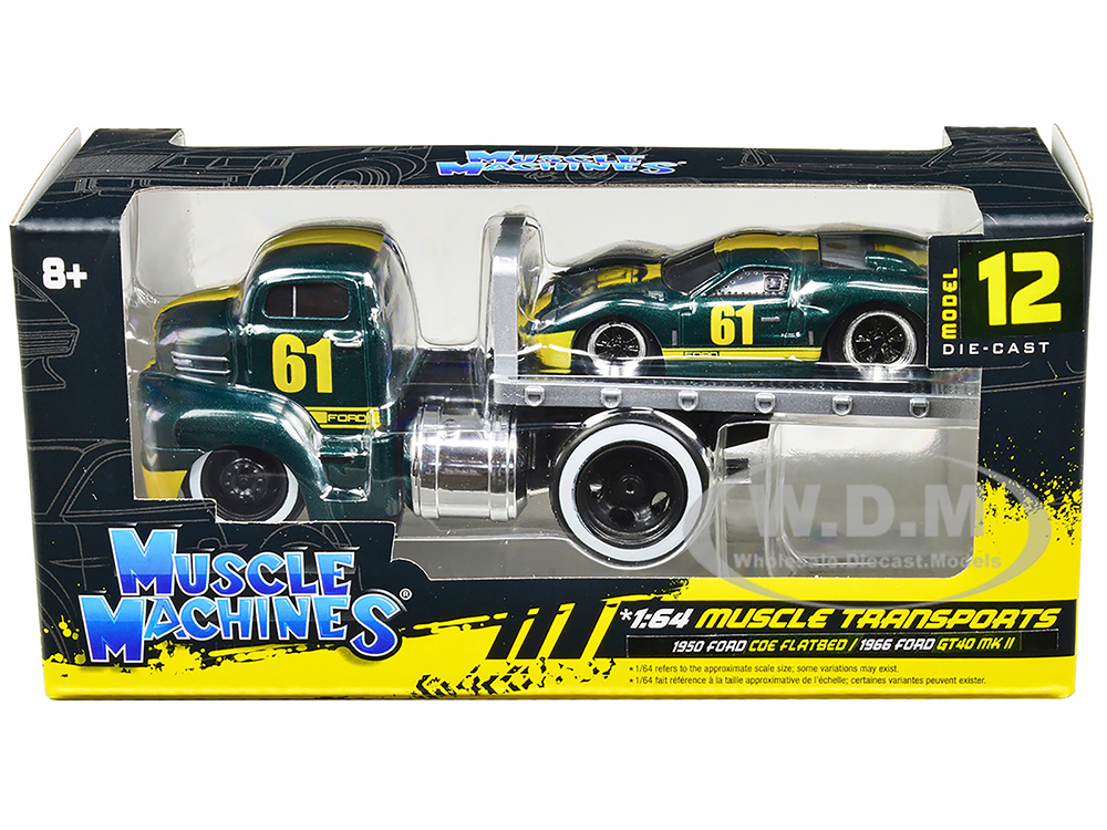 1950 Ford COE Flatbed Truck 61 and 1966 Ford GT40 MK II 61 Green Metallic with Yellow Stripes "Muscle Transports" Series 1/64 Diecast Model Cars by M