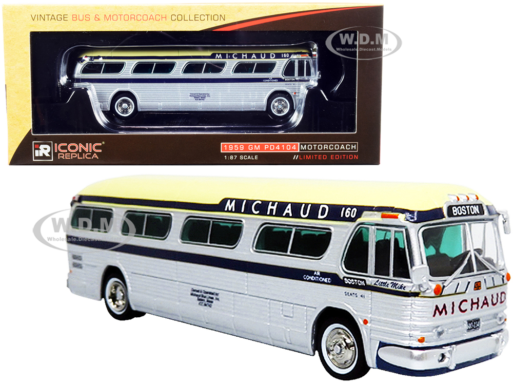 1959 GM PD4104 Motorcoach Bus "Boston" "Michaud Lines" Silver and Cream with Dark Blue Stripes "Vintage Bus &amp; Motorcoach Collection" 1/87 (HO) Di