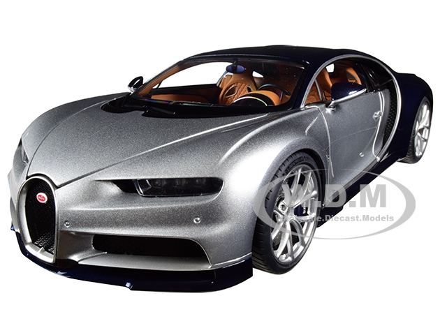 Image of Bugatti Chiron Argent Silver and Atlantic Blue 1/18 Model Car by Autoart